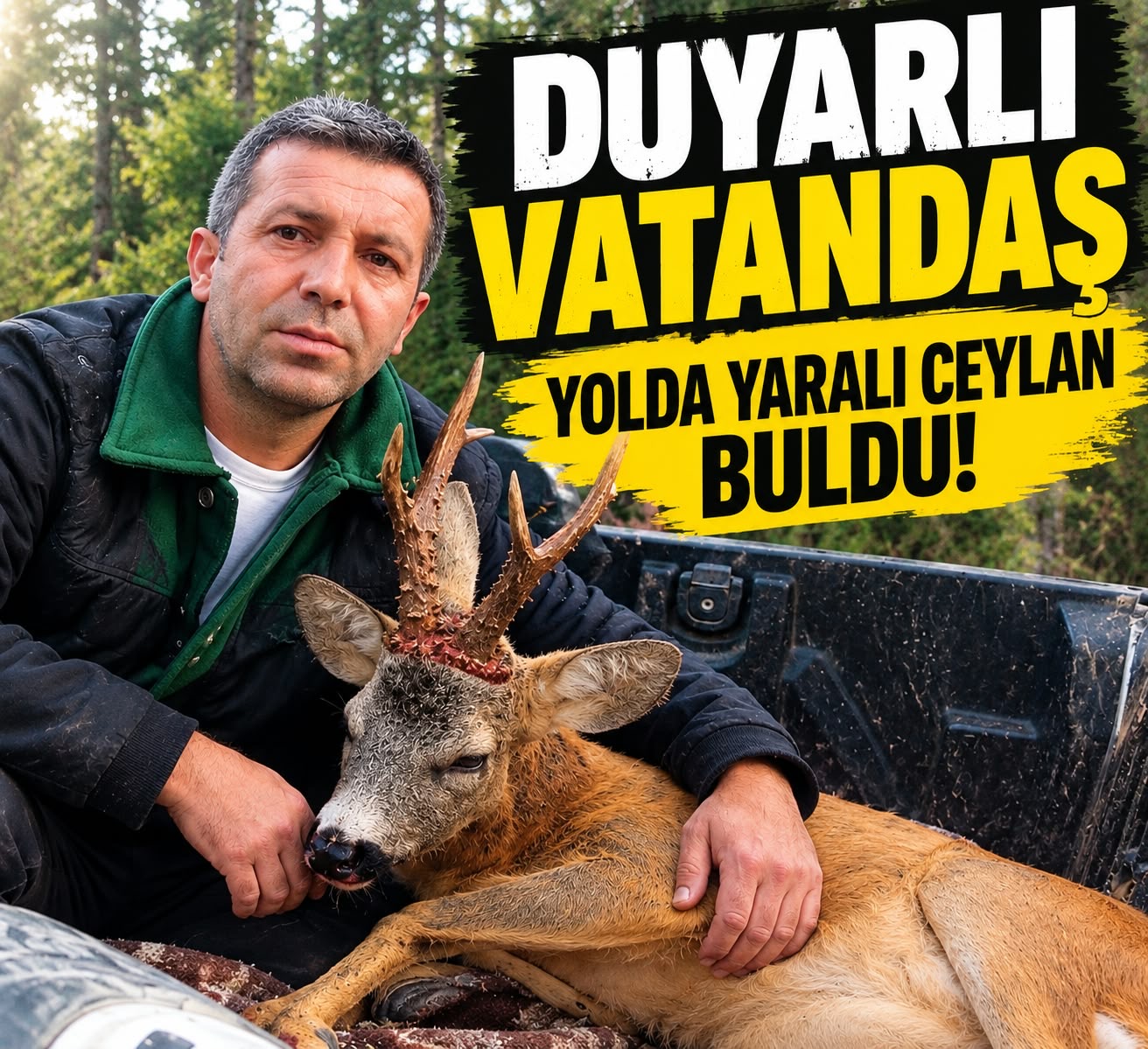Yolda bulduğu yaralı ceylanı Doğa Koruma ve Milli Parklar ekiplerine teslim etti