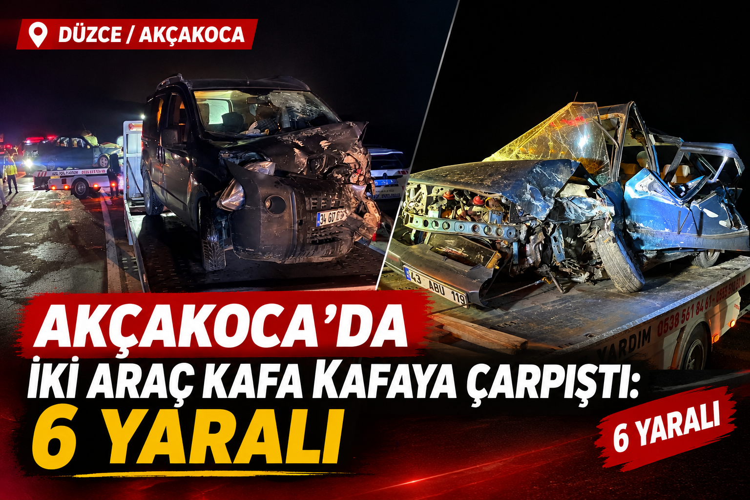 Akçakoca’da iki otomobil kafa kafaya çarpıştı: 6 yaralı